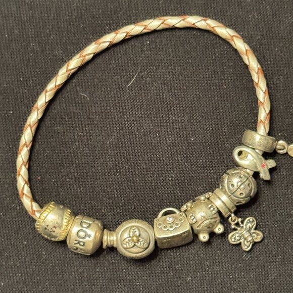 Vintage Pandora Light Pink Leather Cord Bracelet with Silver Charms - Picture 3 of 3